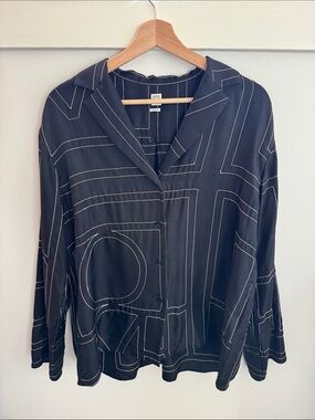 Toteme Monogram Silk Shirt Black White Stitch Oversized Designer Blouse Size 34